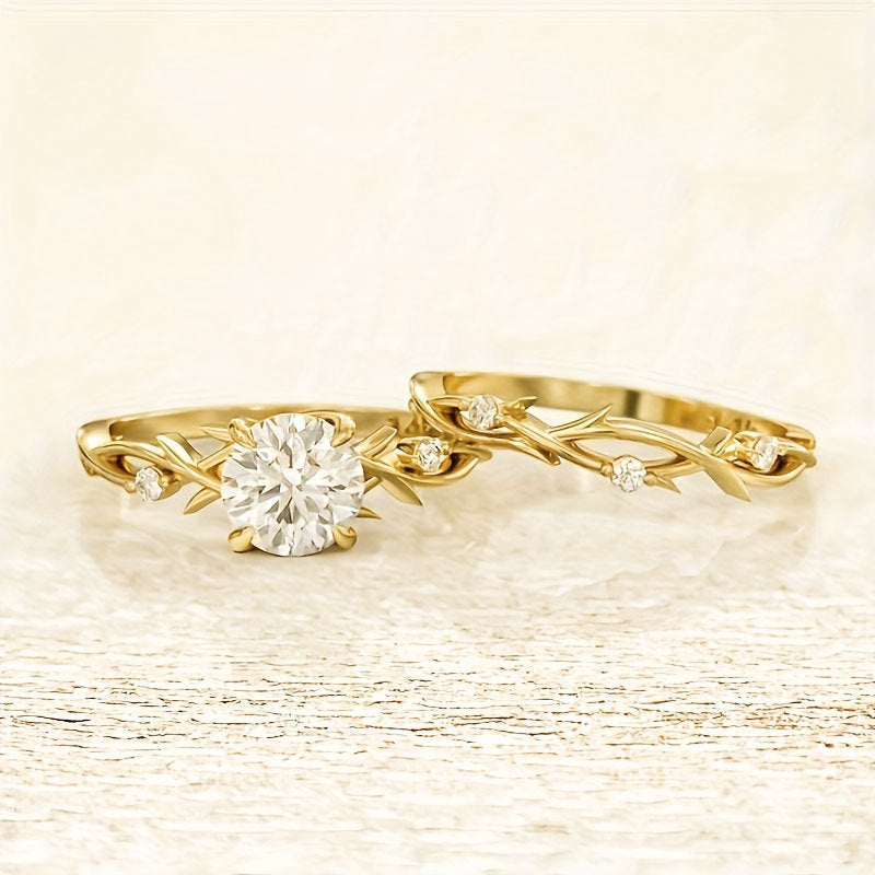 Conjunto de Anéis para Casal Ouro Rosa c/ Diamante Simulado