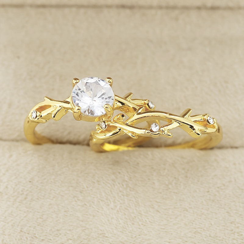 Conjunto de Anéis para Casal Ouro Rosa c/ Diamante Simulado
